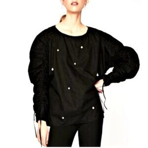 ZARA Blouse with Pearls Accent Size -L Black Premium Denim